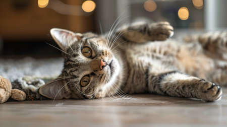 A playful cat rolling on the floor with a catnip-filled plush toy, enjoying sensory stimulation and relaxation.の素材
