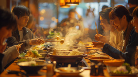 A group of diners enjoying a shabu-shabu meal in a cozy restaurant setting, with steaming pots and fresh ingredients.の素材