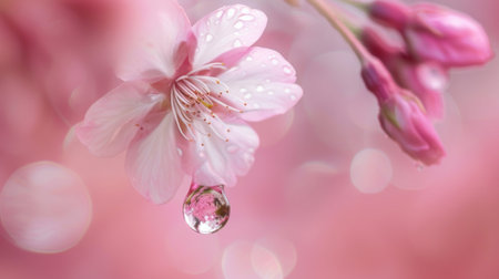 A single raindrop suspended on the delicate petals of a pale pink cherry blossom tree in bloom.の素材