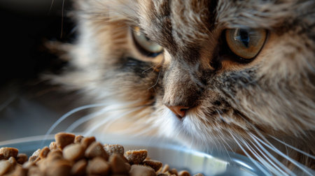 Close-up of a fluffy Persian cat enjoying a meal of dry cat food, with a focus on its whiskers and appetite.の素材