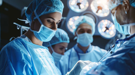 A nurse assisting a doctor during a medical procedure in an operating room, ensuring patient safety.の素材