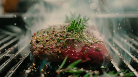 A steak being seasoned with herbs and spices before cooking on a hot grill, emphasizing culinary preparation.の素材