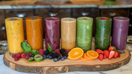 A variety of healthy smoothies made with fresh fruits and vegetables, displayed on a wooden serving board.の素材