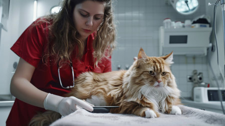 A veterinary nurse assisting a veterinarian in grooming a fluffy cat with gentle care and attention.の素材
