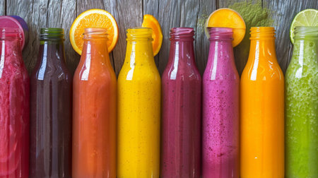 Colorful assortment of fruit and vegetable smoothies in glass bottles, ready for grab-and-go healthy refreshmentsの素材