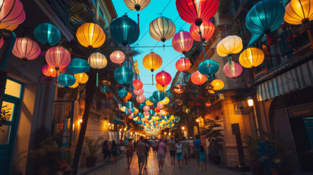 Colorful traditional lanterns lighting up the streets during a festive celebration in an ancient capital city.の素材