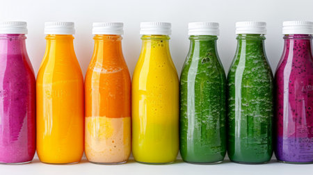 Colorful assortment of fruit and vegetable smoothies in glass bottles, ready for grab-and-go healthy refreshmentsの素材