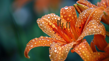 Close-up of raindrops decorating the vibrant orange petals of a tiger lily flower after a summer storm.の素材