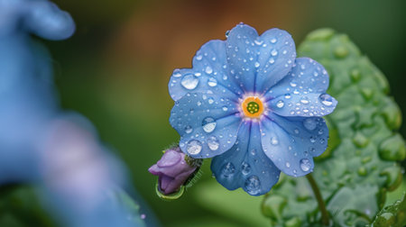 Macro shot of water droplets enhancing the textures of a blue forget-me-not flower in a garden after rainfall.の素材