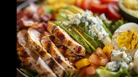 Close-up of a traditional Cobb salad with grilled chicken, avocado, bacon, eggs, and blue cheese dressing, a popular American dish.の素材