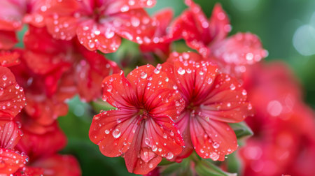 Dewdrops on the vibrant red petals of a geranium flower, adding a refreshing touch to a garden scene.の素材