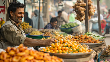 Street vendors selling local delicacies in the vibrant markets of a historic capital city, capturing local culture.の素材