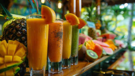 Colorful assortment of tropical fruit smoothies including mango, papaya, and kiwi, served at a juice bar.の素材
