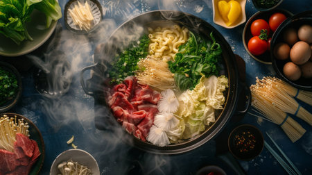Fresh ingredients including sliced beef, noodles, and greens arranged neatly around a steaming shabu-shabu pot on a dining table.の素材