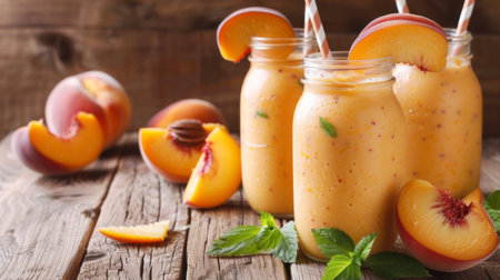 Freshly blended peach and yogurt smoothie served in glass jars, decorated with peach slices on the rim.の素材