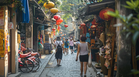 Pedestrians walking through narrow alleyways lined with traditional shophouses in a bustling ancient capital city.の素材
