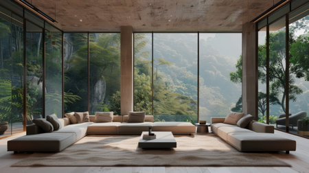 A minimalist living room with a modular sofa, low coffee table, and floor-to-ceiling windows overlooking nature.の素材