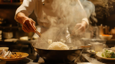 A chef serving a bowl of steaming rice alongside a shabu-shabu meal, offering a complete dining experience.の素材