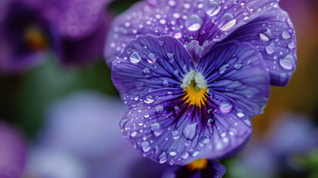 Tiny raindrops decorating the velvety surface of a purple pansy flower, enhancing its natural colors.の素材