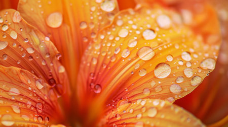Close-up of raindrops decorating the vibrant orange petals of a tiger lily flower after a summer storm.の素材