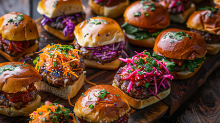 Colorful array of gourmet sliders with various toppings, ideal for sharing at a casual American restaurant.の素材