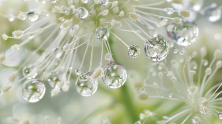 Macro view of raindrops gently resting on the feathery edges of a white Queen Anne's lace flower.の素材