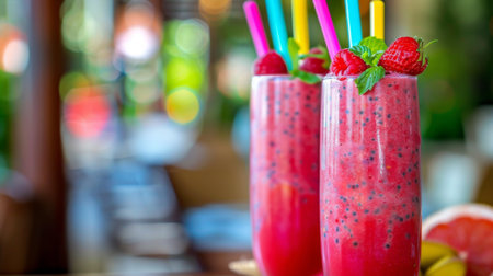 Refreshing smoothies made from mixed berries and tropical fruits, served in tall glasses with colorful straws.の素材