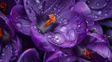 Water droplets glistening on the surface of a deep purple crocus flower, capturing the essence of morning dew.の素材