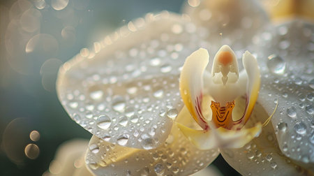 Dewdrops adorning the petals of a white orchid flower, creating a serene and tranquil garden scene.の素材