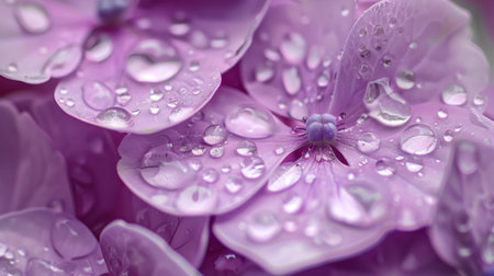 Water droplets clinging to the delicate petals of a lilac-colored hydrangea flower after a light rain.の素材
