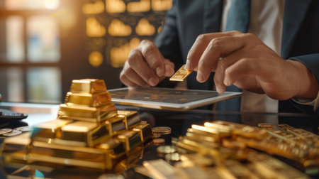 A businessman analyzing a gold price graph on a digital tablet during a business trip, focusing on investment opportunities.の素材