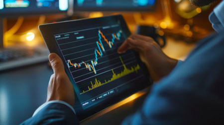 A businessman analyzing a gold price graph on a digital tablet during a business trip, focusing on investment opportunities.の素材