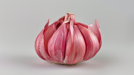 A close-up of a red garlic bulb with its papery skin and intact cloves, symbolizing natural ingredients and sustainable cooking practices.の素材