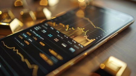 A close-up of a smartphone screen displaying a gold market app with live prices and historical performance charts.の素材