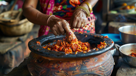 A woman cooking a traditional dish with red garlic and spices in a clay pot, preserving cultural culinary heritage.の素材