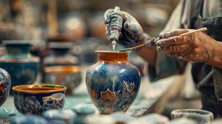 A ceramic artist using an airbrush to apply glazes on pottery, achieving precise color distribution and finish.の素材
