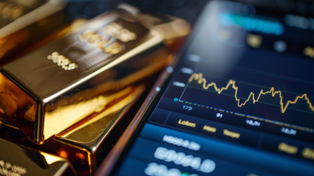 A close-up of a smartphone screen displaying a gold market app with live prices and historical performance charts.の素材