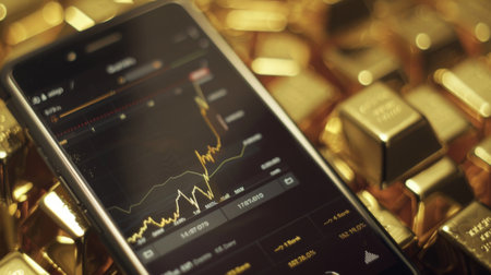 A close-up of a smartphone screen displaying a gold market app with live prices and historical performance charts.の素材