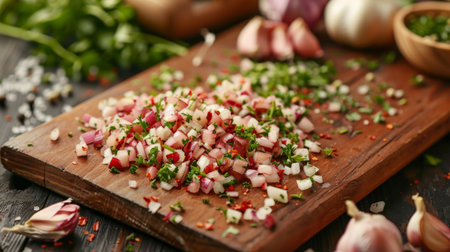 A cutting board with minced red garlic cloves and herbs, ready to be mixed into marinades or salad dressings.の素材