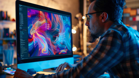 A designer using graphic design software to create a vibrant and abstract digital artwork on a high-resolution monitor.の素材