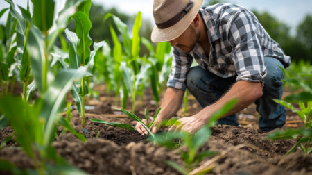 A farmer examining soil quality in a cornfield, using a soil probe to check moisture and nutrient levels.の素材
