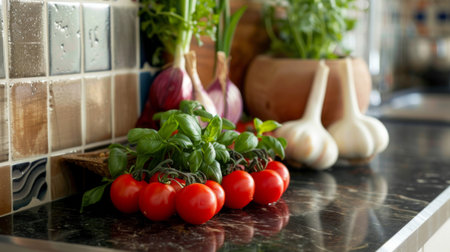 A kitchen counter with red garlic bulbs, tomatoes, and herbs, showcasing ingredients for homemade pasta sauce or salsa.の素材