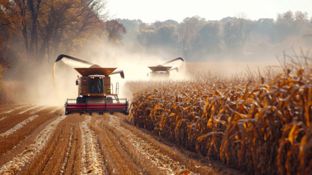 A field of ripe corn with combine harvesters working to collect corn kernels during the harvest season.の素材