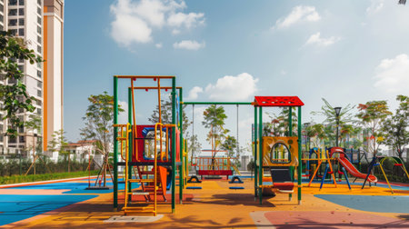 A colorful playground with climbing frames and swings, designed to promote active play and social interaction among children.の素材