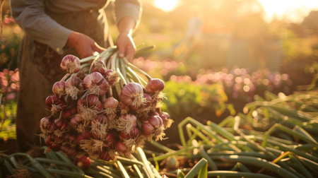 A farmer harvesting bundles of red garlic in a sunlit garden, showcasing organic farming and sustainable agriculture.の素材