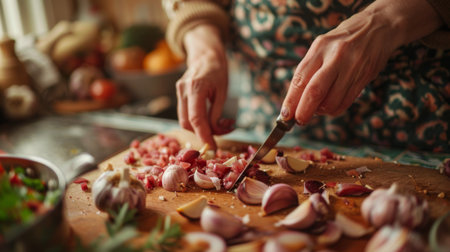 A woman's hands peeling red garlic cloves with a small knife, preparing ingredients for a family recipe in a cozy kitchenの素材