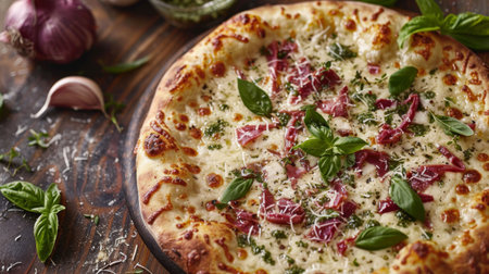 A gourmet pizza topped with sliced red garlic, cheese, and fresh herbs, showcasing artisanal food presentation.の素材