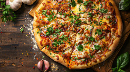A gourmet pizza topped with sliced red garlic, cheese, and fresh herbs, showcasing artisanal food presentation.の素材