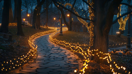 A pathway illuminated with decorative lights winding through a public park at dusk, creating a magical ambiance for evening strolls.の素材