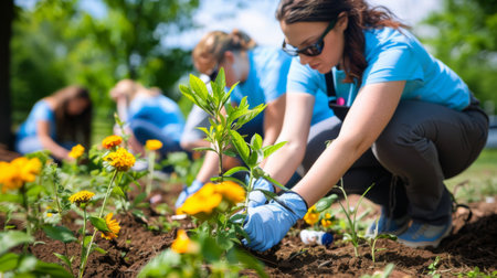 A group of volunteers planting trees and flowers in a community park during a green initiative event, promoting environmental conservation.の素材